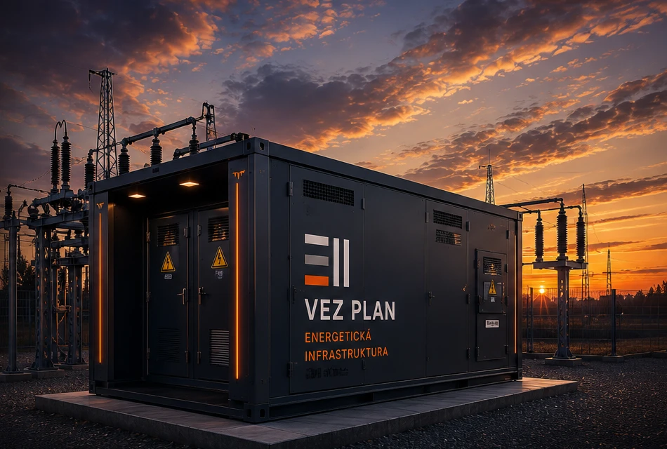 Vizualizace energetické infrastruktury VEZ PLAN při západu slunce